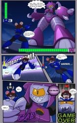 1boy 1girls bochisu comic_page feline fight furry gameoverse imminent_vore malice_(gameoverse) mouth_shot movement_lines onomatopoeia robot rod_(imrodrodent) rodent size_difference text