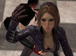 1boy 2girls 3d assassin batman:_arkham_city batman_(series) black_hair black_leather_corset breasts brown_hair clown_girl completely_naked completely_nude dardanit dc dc_comics female forced_blowjob grabbing_boob harley_quinn harley_quinn_(arkham) harley_quinn_(arkham_city) harley_quinn_(harley_quinn's_revenge) headband holding_head_down leather_choker leather_jacket male naked naked_male nude nude_male on_knees pigtails talia_al_ghul talia_al_ghul_(arkham_city) twintails