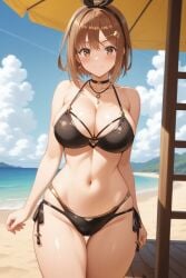 1girl ai_generated ass_visible_through_thighs atelier_(series) atelier_ryza bare_arms bare_shoulders beach beach_umbrella bikini black_bikini black_choker black_hairband black_ribbon blue_sky blush bow_hairband breasts brown_eyes brown_hair cameltoe choker cleavage closed_mouth cloud collarbone cowboy_shot curvy day earrings groin hair_between_eyes hair_ornament hair_ribbon hairband hairclip halterneck jewelry key key_necklace large_breasts looking_at_viewer mountainous_horizon navel necklace ocean outdoors pendant pixiv reisalin_stout rena_aikawa_(pixiv_user) ribbon sand shore short_hair side-tie_bikini_bottom single_earring skindentation sky smile solo stable_diffusion standing star_(symbol) star_choker star_earrings stomach string_bikini swimsuit thigh_gap thighs umbrella v-shaped_eyebrows wide_hips