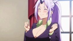 animated animated_gif blushing bouncing_breasts eyes_closed happy large_breasts massive_breasts official_animation purple_hair shion_(tensei_shitara_slime_datta_ken) smiling tensei_shitara_slime_datta_ken