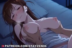 1boy 1girl ai ai_art ai_generated bed_sheet blue_camisole blush braid breasts breasts_out breath brown_eyes brown_hair camisole closed_mouth clothes_pull collarbone dark-skinned_male grabbing grabbing_another's_breast half-closed_eyes hetero indoors kanojo_okarishimasu large_breasts long_hair lying night nipples nose_blush on_back on_bed panties pillow pov shirt_pull solo_focus strap_slip underwear white_camisole white_panties
