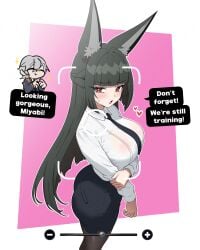 big_ass big_breasts blushing camera_pov chibi dialogue embarrassed english english_text fox_ears hoshimi_miyabi posing red_eyes self_upload shirt shy simple_background sirsmol skirt solo solo_female solo_focus transparent_clothing wise_(zenless_zone_zero) zenless_zone_zero zzz