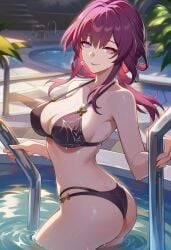 1girls 2026 ai_generated alternate_costume big_ass big_breasts big_butt big_thighs bikini day daytime exposed_ass exposed_breasts exposed_legs exposed_shoulders female female_focus female_only happy honkai:_star_rail hoyoverse kafka_(honkai:_star_rail) light-skinned_female light_skin long_hair looking_at_viewer lunealter mature_female mihoyo partially_clothed patreon pool purple_eyes purple_hair red_lipstick sfw thick_ass thick_butt thick_hips thick_legs thick_thighs