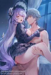 1boy 1girl 2026 ai_generated ass black_dress black_gloves black_panties black_swan_(honkai:_star_rail) bonnet breasts breasts_out caelus_(honkai:_star_rail) censored clothed_female_nude_male clothed_sex clothing_aside cocomiyart dress gloves grey_hair hetero highres honkai:_star_rail indoors large_breasts leg_lift long_hair long_sleeves looking_at_viewer medium_breasts mosaic_censoring nipples nsfw nude open_mouth panties panties_aside penis purple_hair pussy sex short_hair smile standing thighs trailblazer_(honkai:_star_rail) uncensored underwear vaginal very_long_hair window yellow_eyes