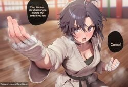 1girl 2026 2d absurd_res absurd_resolution absurdres ai_generated antenna_hair belt black_belt black_hair blurry blurry_background blush breasts cleavage clenched_hand collarbone comic dougi english_text fighting_stance fingerless_gloves gloves hi_res high_quality high_resolution highres idolmaster idolmaster_(classic) image karate_gi kikuchi_makoto looking_at_viewer martial_arts_belt medium_breasts open_mouth patreon patreon_username short_hair solo speech_bubble sweat teeth tomboy uncensured v-shaped_eyebrows watermark web_address white_gloves xdomikami