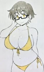 blush closed_mouth curvy greyscale happy huge_breasts imari_youko looking_at_viewer monochrome pencil_sketch ruri_no_houseki smile thick_thighs tummy voluptuous voluptuous_female wide_hips yellow_bikini