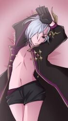 costume_prince_(soul_knight) demon eidolonwaker_loiseth_(soul_knight) femboy hair_between_eyes hair_over_one_eye horns lying_on_back lying_on_bed red_eyes soul_knight twink vampire