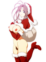 1girls antenna_hair areolae ass bag belldandy big_breasts blue_eyes breasts brown_hair carrying christmas elbow_gloves facial_mark feet female forehead_mark fur_trim goddess highres holding joy_division large_breasts legs light_smile long_hair looking_at_viewer mound_of_venus navel nipples nude oh_my_goddess! on_shoulder pale-skinned_female pale_skin pubic_hair santa_costume santa_hat simple_background smile solo standing thick_thighs thigh_boots thighs unshaved_pussy white_background wide_hips