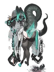 1girl anal_vore anus arknights ass cocktail_glass covered_pussy female ho'olheyak_(arknights) smirk snake_girl tail tailhole torn_pantyhose victim_alice vore