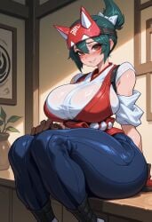 1girl ai_generated alternate_breast_size animal_mask arm_support bangs blue_pants blush bow breasts brown_eyes brown_gloves clothing curvy facial_mark female fox_mask gloves green_hair hair_bow hakama half_mask high_ponytail huge_breasts indoors japanese_clothes kimono kiriko_(overwatch) large_breasts looking_at_viewer mask mask_on_head overwatch overwatch_2 pants parted_lips plant ponytail red_gloves robe rope_belt sallylove see-through short_ponytail sitting smile solo sweat thick_thighs thighs topknot traditional_clothes vase wafuku wet wet_clothes white_bow white_kimono wide_hips