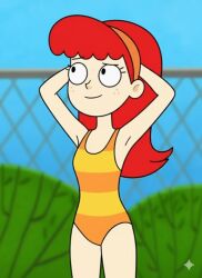 ai-created ai_generated bare_legs barefoot bea_goldfishberg bushes disney disney_channel feet fish_hooks freckles hairband humanization humanized legs leotard on_model one-piece_swimsuit orange_hairband orange_stripes orange_swimsuit outdoors ponytail pool pretty_face pretty_girl red_hair sexy sexy_body smile striped_one-piece_swimsuit striped_swimsuit swimsuit teen teen_girl teenage teenage_girl teenager toes towel yellow_stripes yellow_swimsuit