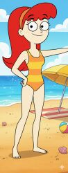 ai-created ai_generated bare_legs barefoot bea_goldfishberg beach beach_ball disney disney_channel feet fish_hooks freckles hairband humanization humanized legs leotard ocean on_model one-piece_swimsuit orange_hairband orange_stripes orange_swimsuit ponytail pretty_face pretty_girl red_hair sand sea sexy sexy_body smile striped_one-piece_swimsuit striped_swimsuit swimsuit teen teen_girl teenage teenage_girl teenager toes towel yellow_stripes yellow_swimsuit