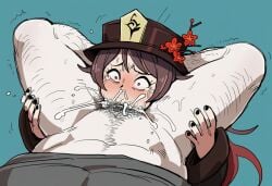 ai_generated choking_on_cock crying_with_eyes_open deepthroat gagging hu_tao_(genshin_impact) leg_lock_fellatio