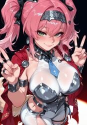 1girl 2026 ai_generated anime armlet armor bangs blush boobs breastplate breasts cape cleavage closed_mouth crossover double_v earrings eye_contact female female_focus flushed green_eyes hair_accessory hair_between_eyes hairband highres huge_breasts jewelry large_breasts long_hair looking_at_viewer lupa_(wuthering_waves) necktie neutral_expression nsfw patreon pigtails pink_hair ring rognezart scar smile smiling solo twintails v very_long_hair wuthering_waves
