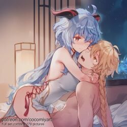 1boy 1girl 2026 aether_(genshin_impact) ahoge ai_generated bare_shoulders bed blonde_hair blue_hair blush braid braided_ponytail breasts china_dress chinese_clothes closed_mouth clothed_female_nude_male clothed_sex cocomiyart cross-laced_clothes cross-laced_dress cross-laced_slit dress earrings ganyu_(genshin_impact) genshin_impact girl_on_top goat_horns heads_together hetero highres horns hug implied_sex indoors jewelry large_breasts long_hair looking_at_another night nsfw nude on_bed one_eye_closed open_mouth pelvic_curtain purple_eyes sex side_slit sideless_outfit straddling sweat tassel tassel_earrings thighs uncensored white_dress yellow_eyes