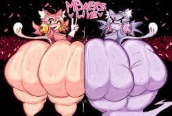 2girls angry animal_ears anthro ass bell big_ass cat_ears cat_tail catgirl deltarune english_text fang female female_only ghost heart mad_mew_mew meatoids smile sweat tail text thick_thighs v_sign voluptuous wide_hips