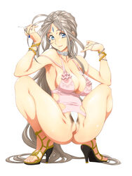 1girls antenna_hair areolae armpits ass bare_legs bare_shoulders belldandy between_labia big_breasts blue_eyes bracelet breasts choker cigarette cleavage cleft_of_venus clothing collarbone earrings facial_mark feet female female_pubic_hair forehead_mark goddess grey_hair high_heels highres innie_pussy jewelry joy_division large_breasts legs light_smile lingerie long_hair looking_at_viewer lots_of_jewelry medium_breasts mound_of_venus nipples oh_my_goddess! pale-skinned_female pale_skin panties pubic_hair pussy ring see-through see-through_clothing simple_background smile smoking solo squatting thick_thighs thighs toes uncensored underwear very_long_hair wedding_ring wedgie white_background white_panties wide_hips