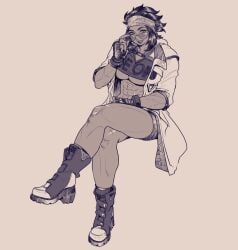 abs bare_legs belly_button big_breasts black_and_white boots breasts coat commission dark_skin dark_skinned_female female female_only fingerless_gloves glasses greyscale large_breasts legs looking_at_viewer midriff monochrome muscular muscular_female muscular_legs muscular_thighs navel scar scared scars solo solo_female tagme_(artist) thick_thighs thighs underboob voluptuous voluptuous_female