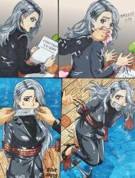 1girls anchor arms_tied_behind_back blue-lotus bondage bound_ankles brown_eyes comic gag gagged gagged_speech grey_hair peril persona_5 sae_niijima tape_gag unseen_character