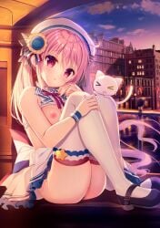 1girl blush breasts breasts_out cat city city_background cityscape female female_only hair_ornament hair_ribbon highres loafers medium_breasts night night_sky nipples pink_hair sailor_uniform school_uniform seifuku shirt shirt_lift shiwasu_horio shoes sitting skirt solo thighhighs twintails