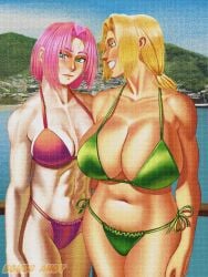 2girls abs age_difference bare_shoulders big_breasts bikini blonde_female blonde_hair blush blushing bombsahoy breast_focus breasts breasts_focus busty cleavage curvaceous curvy curvy_female curvy_figure female female_focus female_only green_bikini green_eyes hi_res high_resolution highres huge_breasts large_breasts light-skinned_male light_skin mature mature_female medium_hair meme milf mother_daughter_boob_envy_(meme) naruto naruto_(classic) naruto_(series) naruto_shippuden outdoors outside pink_bikini pink_hair red_bikini reference sakura_haruno short_hair shounen_jump smile smiling tagme teacher_and_student thick_thighs thighs thong thong_bikini toned toned_arms toned_body toned_female tsunade voluptuous voluptuous_female water