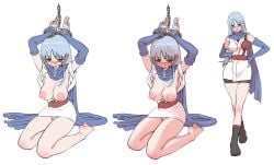 arms_up barefoot big_breasts breasts_out chain chained chained_up detached_sleeves drooling empty_eyes feet female female_only full_body gintama glasses handcuffs japanese_clothes kimono kunoichi large_areolae light_purple_hair long_hair no_bra open_kimono pale-skinned_female pale_skin puffy_nipples purple_hair pussy red-framed_eyewear restrained sarutobi_ayame scarf solo standing