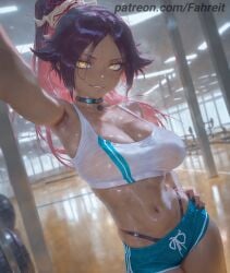 1girl 1girls abs ai_generated alternate_costume aqua_shorts arm_up armpits artist_name backlighting bare_arms bare_shoulders biting_own_lip black_choker black_nails black_panties bleach bleach:_the_thousand-year_blood_war blue_shorts blurry_background blush breasts ceiling ceiling_light choker cleavage collar collarbone covered_nipples cowboy_shot crop_top dark-skinned_female dark_skin depth_of_field dolphin_shorts drawstring dripping dumbbell dutch_angle exercise fahreit fingernails foreshortening green_shorts grin gym gym_shorts hair_ornament hair_ribbon hand_on_own_hip high_ponytail highleg highleg_panties indoors large_breasts legs_together long_hair looking_at_viewer micro_shorts midriff multicolored_hair nail_polish naughty_face navel no_bra outstretched_arm panties panty_peek panty_straps parted_bangs parted_lips patreon patreon_username pink_hair ponytail purple_hair reflection ribbon seductive_smile see-through see-through_silhouette selfie shihouin_yoruichi shiny_skin shirt short_shorts shorts sidelocks skindentation sleeveless smile smirk solo spaghetti_strap sports_bikini sports_bra sportswear stable_diffusion stained_clothes standing steam steaming_body stomach strap_gap sweat sweaty_clothes tank_top taut_clothes taut_shirt thighs thong toned two-tone_hair underwear very_sweaty weights wet wet_clothes white_shirt white_sports_bra white_tank_top window yellow_eyes yoruichi_shihouin