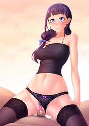 1girls black_hair black_legwear black_panties blue_eyes bow bow_panties clitoris covered_nipples cowgirl_position female gate_-_jieitai_ka_no_chi_nite_kaku_tatakaeri ghettoyouth hair_ribbon highres kurokawa_mari long_hair navel panties panties_aside penetration penis pubic_hair pussy pussy_juice ribbon sex smile solo_focus straddling straight strapless sweat tubetop uncensored underwear vaginal_penetration