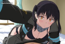 1boy 1girl ai_generated anime anime_style baggy_pants bed bikini black_bikini black_coat black_gloves black_hair blush breasts cleavage closed_mouth coat curtains en'en_no_shouboutai enen_no_shouboutai fire_force gloves grey_pants hentai hetero hi_res hip_vent indoors jacket kotatsu_tamaki long_sleeves looking_at_viewer medium_breasts midriff mystic_maidens navel on_bed open_clothes open_coat orange_eyes pants patreon patreon_username pov reaching selfie smile solo_focus swimsuit tamaki_kotatsu twintails underwear window yellow_eyes