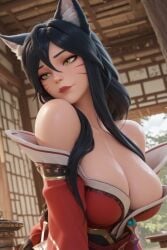 1girl ahri_(league_of_legends) ai ai_art ai_generated animal_ear_fluff animal_ears architecture artist_name bare_shoulders black_hair blurry blurry_background breasts cleavage closed_mouth detached_sleeves east_asian_architecture facial_mark fox_ears fox_girl fox_tail hair_between_eyes indoors large_breasts league_of_legends lips long_hair low_neckline nose off_shoulder red_lips slit_pupils solo tail upper_body whisker_markings yellow_eyes