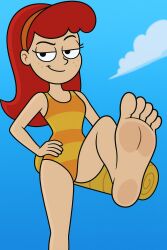 ai-created ai_generated bare_legs barefoot bea_goldfishberg disney disney_channel feet fish_hooks foot_focus freckles hairband humanization humanized legs legs_up leotard naughty_face on_model one-piece_swimsuit orange_hairband orange_stripes orange_swimsuit ponytail presenting_foot pretty_face pretty_girl red_hair sexy sexy_body sexy_feet smile soles striped_one-piece_swimsuit striped_swimsuit swimsuit teen teen_girl teenage teenage_girl teenager toes yellow_stripes yellow_swimsuit