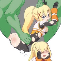 armor blonde_hair blue_eyes blush bodysuit breasts censored clothed_sex clothing color cum cum_in_pussy cum_inside darkness_(konosuba) double_penetration drooling fellatio female from_behind gangbang group_sex hair_ornament hairclip hand_on_head highres human human_female imagining kono_subarashii_sekai_ni_shukufuku_wo! light-skinned_female light_skin long_hair male male/female monster open_mouth oral orc orc_male penetration penis pervert ponytail sex smile takeda_yukimura tears thought_bubble tied_hair torn_clothes vaginal_penetration