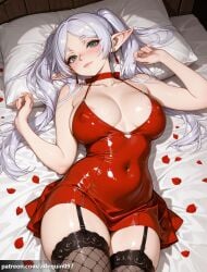 1girl ai_generated alternate_breast_size areola_slip arlequin097 bare_shoulders bed_sheet black_garter_straps black_thighhighs blush breasts choker cleavage closed_mouth collarbone covered_navel covered_nipples dress drop_earrings earrings elf fishnet_thighhighs fishnets frieren frieren_beyond_journey's_end garter_straps green_eyes grey_hair jewelry large_breasts long_hair looking_at_viewer lying on_back on_bed parted_bangs petals pillow pointy_ears red_dress rose_petals smile solo thick_eyebrows thighhighs thighs twintails white_hair