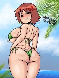 1girls annoyed annoyed_expression ass ass_focus auburn_hair back_view big_ass big_breasts bikini black_eyes curvy_female dialogue female female_focus female_only freckles freckles_on_ass freckles_on_breasts freckles_on_face green_bikini kim_pine light-skinned_female looking_back max_nzart scott_pilgrim short_hair solo_female teeth text thick_thighs thighs thong_bikini voluptuous voluptuous_female