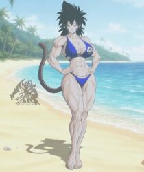 abs beachwear big_breasts bikini breasts detailed_background dragon_ball dragon_ball_super dragon_ball_z muscle_mommy muscular muscular_female nice_tits original_character saiyan saiyan_tail smug time_patroller tits