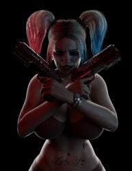 batman_(series) big_breasts bra clothing dc dc_comics gun harley_quinn harley_quinn_(injustice) injustice_2 pose smile tattoos