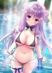 1girl bikini bikini_bottom bikini_top breasts cleavage detached_collar female garter large_breasts long_hair maid maid_bikini maid_headdress original purple_hair see-through shiwasu_horio swimsuits twin_buns underboob