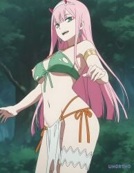 1girls ai_generated darling_in_the_franxx exposed_nipples forest green_earrings green_eyes hi_res looking_at_viewer nipples no_panties one_nipple_out pink_hair smile tagme torn_clothes un0rth0 zero_two_(darling_in_the_franxx)