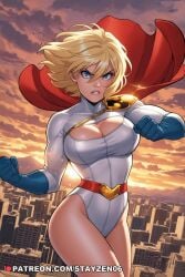 1girl ai ai_art ai_generated belt blonde_hair blue_eyes blue_gloves breasts building cape city cityscape cleavage cleavage_cutout clenched_hands clenched_teeth clothing_cutout cloud cloudy_sky cowboy_shot dc_comics diffraction_spikes elbow_gloves floating_cape gloves hair_between_eyes highleg highleg_leotard large_breasts leotard lips looking_at_viewer muscular muscular_female outdoors parted_lips red_belt red_cape serious short_hair sky solo sun sunset superhero taut_leotard teeth thighs toned v-shaped_eyebrows white_leotard