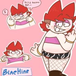 1boy chubby crossdresser crossdressing crossdressing_male dialogue femboy fishnet_stockings light-skinned_male looking_back looking_back_at_viewer makeup male middle_finger oc old_art original original_character panties prostitute prostitution red_hair short_skirt spanish_text text touching_own_breast xd