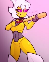 bat holding_bat holding_object holding_weapon looking_away naked_female nude_female pink_eyes robot robot_girl trianna_(yellolight) white_hair yellolight yellow_body