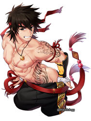 1boy abs ass black_hair blackkdogg dungeon_and_fighter dungeon_fighter_online fighter_(dungeon_and_fighter) male_only muscle pecs solo sweat tagme tattoo topless undressing yaoi