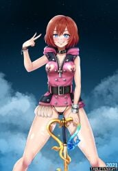 1girls blush casual condom condom_belt female heart_cutout human kairi keyblade kingdom_hearts nipple_cutout nipple_piercing nipples outerwear piercing red-haired_female red_hair revealing_clothes square_enix tabletknight used_condom weapon