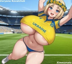ai_assisted ai_generated blonde_female blonde_hair blush cheerleader cheerleader_uniform curvaceous curvaceous_female curvaceous_figure curvy curvy_female curvy_figure football_field football_uniform hourglass_figure hourglass_figured_female huge_breasts panties sneakers ukraine ukrainian ukrainian_girl voluptuous voluptuous_body voluptuous_female wreath