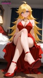 ai_assisted ai_generated bed bedroom big_breasts blonde_hair breasts cleavage dangling_shoe dress feet female foot_fetish heels heels_fetish high_heels lewdfeetai panty_&_stocking_with_garterbelt panty_anarchy shoe_dangle solo sweat thick