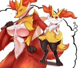 age_difference anthro anthrofied big_breasts blush braixen breasts canine delphox digitigrade fantasizing female fox fur furry furry_only hand_on_breast inner_ear_fluff large_breasts larger_female mammal nintendo older_female omikuro pokémon_(species) pokemon pokemon_(species) pokemorph red_eyes simple_background size_difference smaller_female stick sweat tail thought_bubble white_background white_fur wide_hips yellow_fur younger_female