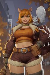 1girl acorn ai ai_art ai_generated animal animal_ears animal_on_shoulder belt belt_pouch breasts brown_hair brown_jacket brown_shorts choker cowboy_shot crop_top cropped_jacket fingerless_gloves fur-trimmed_jacket fur-trimmed_shorts fur_trim gloves green_belt green_choker green_eyes grin hand_on_own_hip holding jacket large_tail lips looking_at_viewer marvel medium_breasts midriff navel open_clothes open_jacket orange_hair orange_shirt pouch rabbit short_hair short_shorts shorts smile solo squirrel squirrel_ears squirrel_girl squirrel_tail tail teeth thighhighs