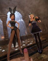 1boy 2girls 2girls1boy bunn bunny_ears bunnysuit clothed_female clothed_female_nude_male crunchypachy dragon_quest dragon_quest_xi fishnets jade_(dq11) light-skinned_female light-skinned_male martina_(dq11) nude_male queen_of_spades serena_(dq11) small_penis small_penis_gesture small_penis_humiliation stockings