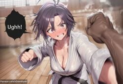 1boy 1girl 2026 2d absurd_res absurd_resolution absurdres ai_generated alternate_breast_size antenna_hair belt black_belt black_hair blurry blurry_background blush breasts cleavage clenched_hand clenched_teeth collarbone comic dark-skinned_male dark_skin dougi english_text fanbox_username hi_res high_quality high_resolution highres idolmaster idolmaster_(classic) image indoors karate_gi kikuchi_makoto large_breasts looking_at_viewer martial_arts_belt patreon patreon_username pov pov_hands punching purple_eyes short_hair solo_focus speech_bubble sweat teeth tomboy uncensured veins watermark web_address xdomikami