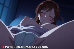 1girl ai ai_art ai_generated aqua_panties blue_panties blush breasts breasts_out brown_hair cameltoe closed_eyes closed_mouth clothes_pull crotch indoors kanojo_okarishimasu large_breasts long_hair lying night nipples on_back on_bed panties pillow sleeping solo spread_legs thighs underwear window